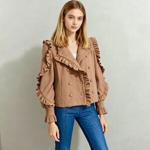 $750 NWOT Ulla Johnson Wool Lucinde Double-Breasted Pea Coat Jacket Ruffles Sz P